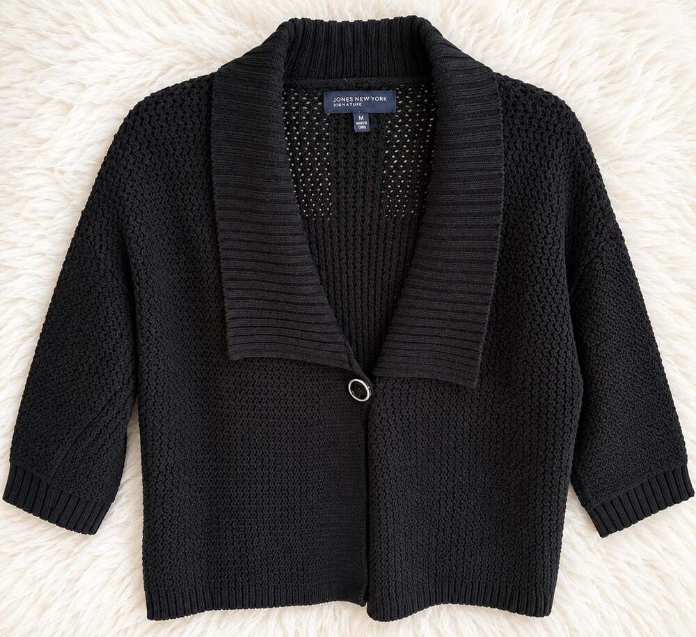 Jones New York Signature Women's Black 100% Cotton Textured Knit Cardigan Medium